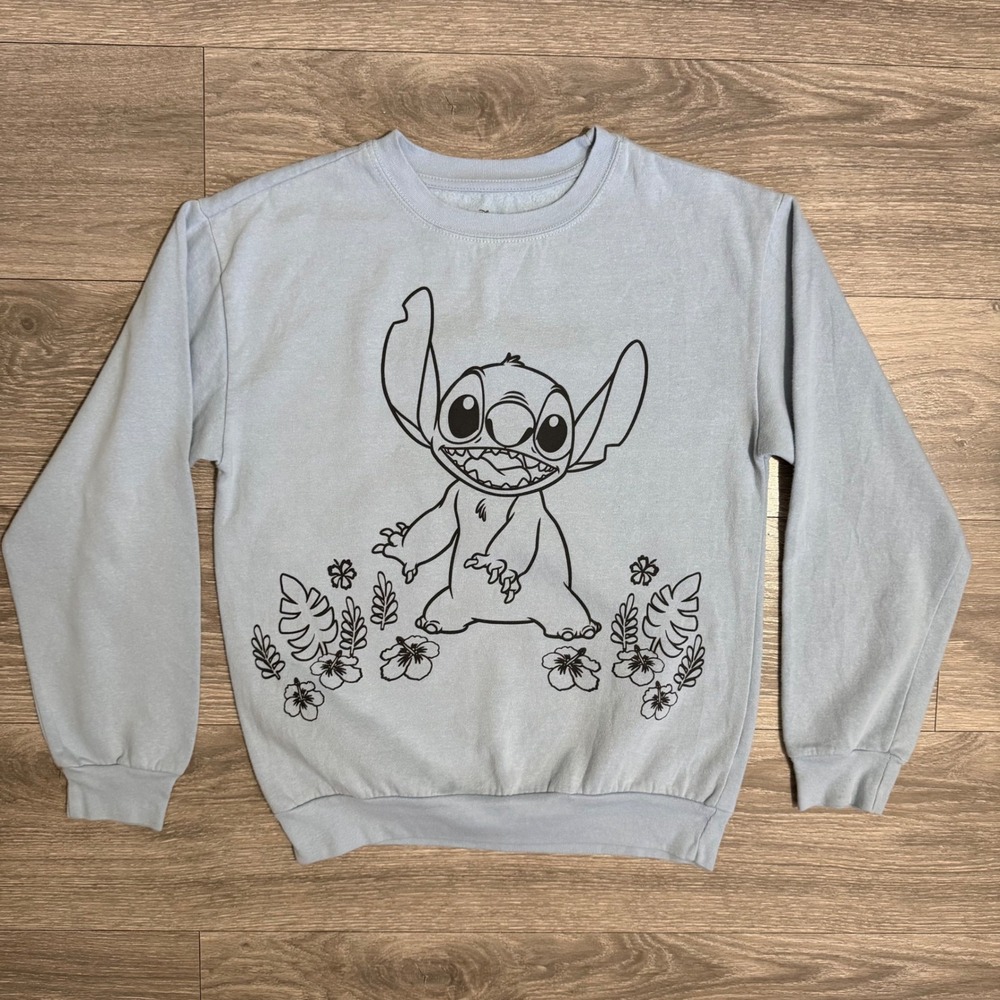 Disney Stitch Graphic Sweatshirt S 5 Juniors Light Blue Floral Line Art Pullover
